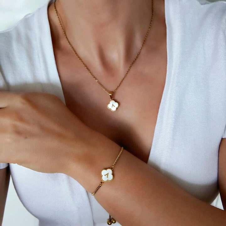 Personalised Clover Initial Necklace & Bracelet Set